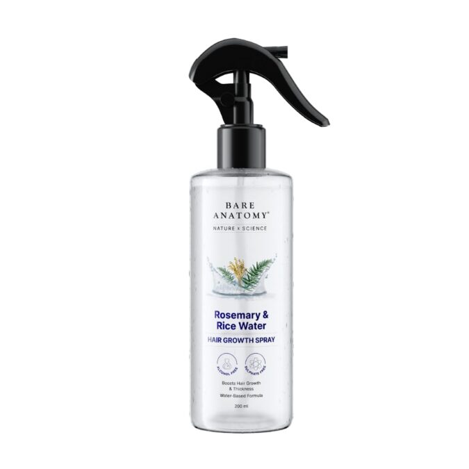 Bare Anatomy Nature x Science Rosemary Water Spray for Hair Growth & Hair Thickness with Rice Water | 100% Natural Extract | Soft & Smooth Hair | Controls Hairfall & Adds Shine | Non-Greasy & Fast Absorbing | 200 ml