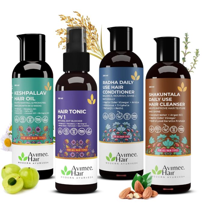 Avimee Herbal Keshpallav Hair Oil (100 ml) & Hairtone PV 1 Scalp Spray (100 ml) & Shakuntala Hair Shampoo (200 ml) & Radha hair Conditioner (200 ml) Combo Pack | Super Saver Pack Avimee Herbal Keshpallav Hair Oil (100 ml) & Hairtone PV 1 Scalp Spray (100 ml) & Shakuntala Hair Shampoo (200 ml) & Radha hair Conditioner (200 ml) Combo Pack | Super Saver Pack