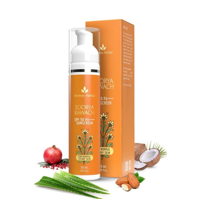 AVIMEE HERBAL Soorya Kawach Sunscreen With De-Tan Extract – 50 ml | Spf 50 PA++++ For Broad Spectrum UVA, UVB & Blue Light Protection | For All Skin Types | Light Weight & Non-Greasy | For Men & Women AVIMEE HERBAL Soorya Kawach Sunscreen With De-Tan Extract – 50 ml | Spf 50 PA++++ For Broad Spectrum UVA, UVB & Blue Light Protection | For All Skin Types | Light Weight & Non-Greasy | For Men & Women