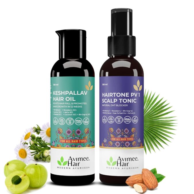 Avimee Herbal Keshpallav Hair Oil (100 ml) & Hairtone PV 1 Scalp Spray (100 ml) Combo Pack | Hair Fall Control Kit | Super Saver Combo Avimee Herbal Keshpallav Hair Oil (100 ml) & Hairtone PV 1 Scalp Spray (100 ml) Combo Pack | Hair Fall Control Kit | Super Saver Combo