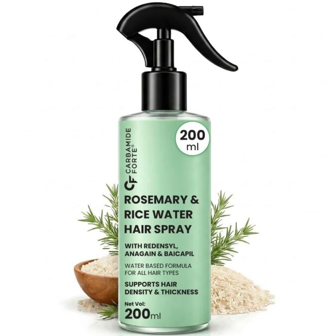 Carbamide Forte Rosemary Hair Spray with Rice Water | Rosemary Water Spray for Hair Growth with Redensyl, Anagain & Baicapil | Supports Hair Density & Thickness | Water Based Formula for All Hair Types – 200 ml