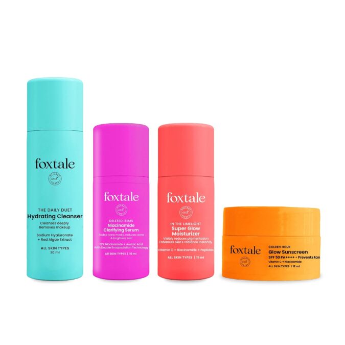 Foxtale Glow On Heartbeat Skincare Gift Set | Hydrating Cleanser, 12% Niacinamide serum, Super Glow moisturizer & SPF 50 Glow sunscreen | Travel-Friendly Kit for Radiant skin | For Men & Women Foxtale Glow On Heartbeat Skincare Gift Set | Hydrating Cleanser, 12% Niacinamide serum, Super Glow moisturizer & SPF 50 Glow sunscreen | Travel-Friendly Kit for Radiant skin | For Men & Women