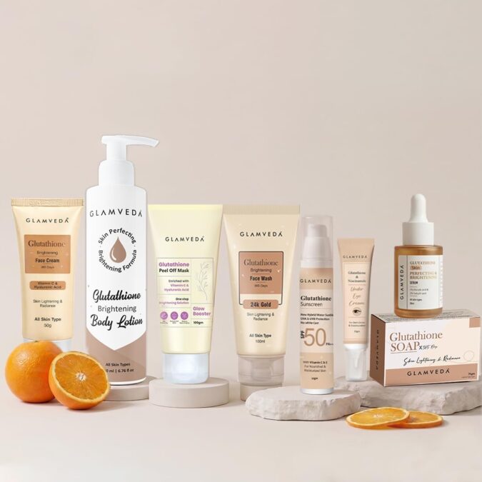 Glamveda Glutathione 8-Step Skin Brightening Skincare Routine Kit for Radiant, Even-Toned Skin | Face Wash, Peel-Off Mask, Serum, Face Cream, Sunscreen, Under Eye Cream, Bath Soap & Body Lotion Glamveda Glutathione 8-Step Skin Brightening Skincare Routine Kit for Radiant, Even-Toned Skin | Face Wash, Peel-Off Mask, Serum, Face Cream, Sunscreen, Under Eye Cream, Bath Soap & Body Lotion