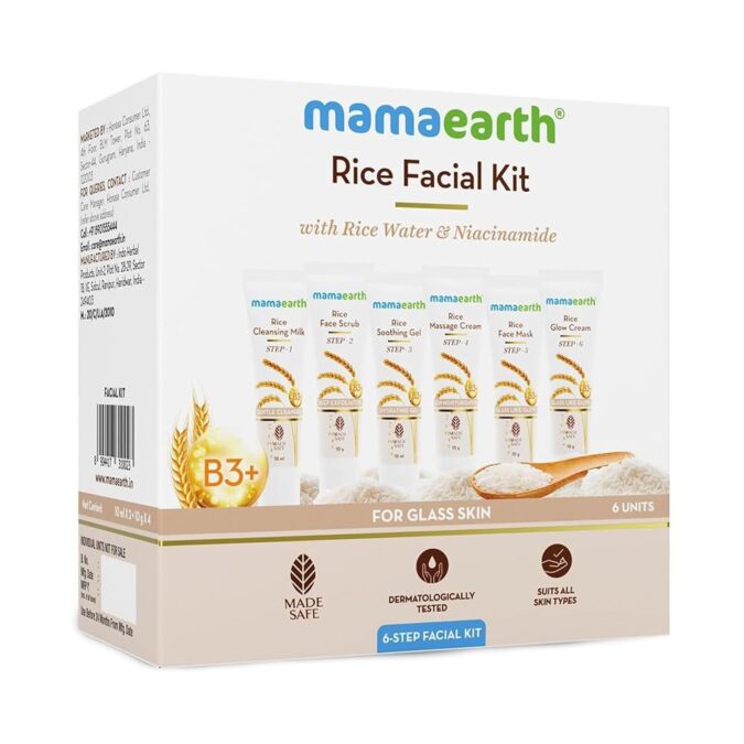 Mamaearth Rice Facial Kit With Rice Water & Niacinamide for Glass Skin – 60 g | Salon-Like Glowing Skin in 6 Easy Steps | Improves Skin Texture | Instant Glow | Suitable for all skin types