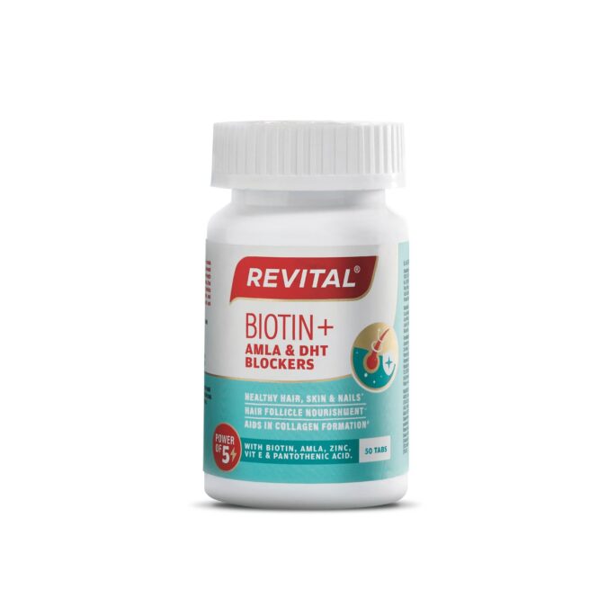 Revital Biotin+ with Amla and DHT Blockers for Hair Growth | Biotin, Amla, Zinc, Vitamin E & Pantothenic Acid | Supports Hair Strength & Skin Health | 50 tablets Revital Biotin+ with Amla and DHT Blockers for Hair Growth | Biotin, Amla, Zinc, Vitamin E & Pantothenic Acid | Supports Hair Strength & Skin Health | 50 tablets